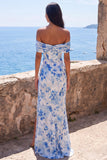 Vestido Maxi franzido com flor azul sereia, chiffon no ombro e fenda