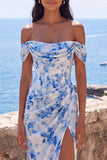 Vestido Maxi franzido com flor azul sereia, chiffon no ombro e fenda