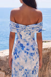 Vestido Maxi franzido com flor azul sereia, chiffon no ombro e fenda