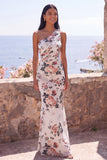Vestido Maxi Floral Franzido de Quiffon de um ombro em Marfim de Sereia