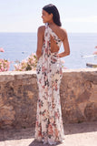 Vestido Maxi Floral Franzido de Quiffon de um ombro em Marfim de Sereia