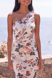 Vestido Maxi Floral Franzido de Quiffon de um ombro em Marfim de Sereia