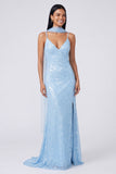 Vestido Maxi de alças finas com lantejoulas amarelas e sereia com fenda