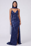 Vestido Maxi de alças finas com lantejoulas amarelas e sereia com fenda