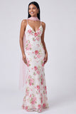 Vestido Maxi Floral Sereia Branco Rosa com Lantejoulas