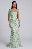 Vestido formal de alças finas de sereia verde claro