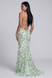 Vestido formal de alças finas de sereia verde claro