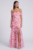 Vestido Maxi Rosa Floral Linha A com Abertura