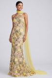 Vestido Maxi Floral Amarelo com Aplicação de Sereia de Um Ombro