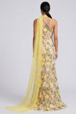 Vestido Maxi Floral Amarelo com Aplicação de Sereia de Um Ombro