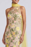 Vestido Maxi Floral Amarelo com Aplicação de Sereia de Um Ombro