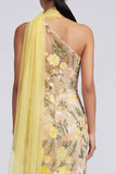 Vestido Maxi Floral Amarelo com Aplicação de Sereia de Um Ombro