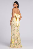 Vestido Maxi Floral Amarelo Sereia Amarelo Sem Alças com Fenda