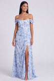 Vestido Formal Azul Floral Linha A com Ombros Descobertos