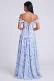 Vestido Formal Azul Floral Linha A com Ombros Descobertos
