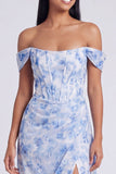 Vestido Formal Azul Floral Linha A com Ombros Descobertos