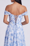 Vestido Formal Azul Floral Linha A com Ombros Descobertos