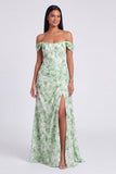 Vestido Formal Azul Floral Linha A com Ombros Descobertos