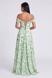 Vestido Formal Azul Floral Linha A com Ombros Descobertos