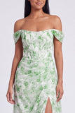 Vestido Formal Azul Floral Linha A com Ombros Descobertos