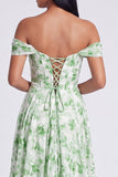Vestido Formal Azul Floral Linha A com Ombros Descobertos