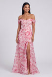 Vestido Formal Azul Floral Linha A com Ombros Descobertos
