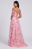 Vestido Formal Azul Floral Linha A com Ombros Descobertos