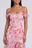 Vestido Formal Azul Floral Linha A com Ombros Descobertos