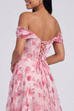 Vestido Formal Azul Floral Linha A com Ombros Descobertos
