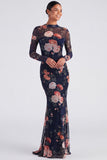 Vestido formal de manga longa com decote floral e sereia de manga longa em marfim