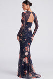 Vestido formal de manga longa com decote floral e sereia de manga longa em marfim