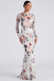 Vestido formal de manga longa com decote floral e sereia de manga longa em marfim
