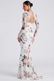 Vestido formal de manga longa com decote floral e sereia de manga longa em marfim