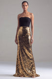 Vestido formal de sereia sem alças preto e dourado