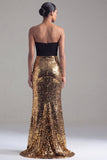 Vestido formal de sereia sem alças preto e dourado