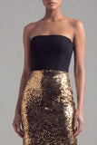 Vestido formal de sereia sem alças preto e dourado