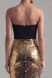 Vestido formal de sereia sem alças preto e dourado