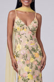 Vestido formal de sereia com alças finas florais amarelas e cachecol