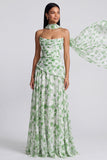 Vestido Maxi Floral A Strapless Verde Claro com Cachecol