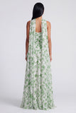 Vestido Maxi Floral A Strapless Verde Claro com Cachecol