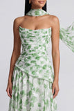 Vestido Maxi Floral A Strapless Verde Claro com Cachecol