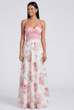 Vestido maxi floral rosa claro de alças finas da linha A