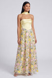 Vestido Maxi Floral Amarelo Amarelo A Sem Alças com Cachecol