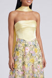 Vestido Maxi Floral Amarelo Amarelo A Sem Alças com Cachecol