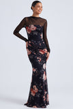 Vestido formal de manga longa com gola floral preta e gola ilusão em forma de sereia