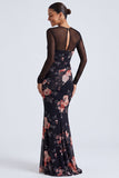 Vestido formal de manga longa com gola floral preta e gola ilusão em forma de sereia