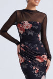 Vestido formal de manga longa com gola floral preta e gola ilusão em forma de sereia