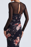 Vestido formal de manga longa com gola floral preta e gola ilusão em forma de sereia