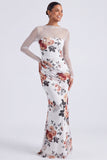 Vestido formal de manga longa com gola floral preta e gola ilusão em forma de sereia