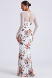 Vestido formal de manga longa com gola floral preta e gola ilusão em forma de sereia